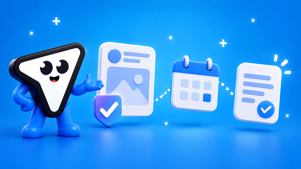 TG.app paper-plane mascot beside a Telegram post card, calendar, document and the purple-blue Adpact shield.