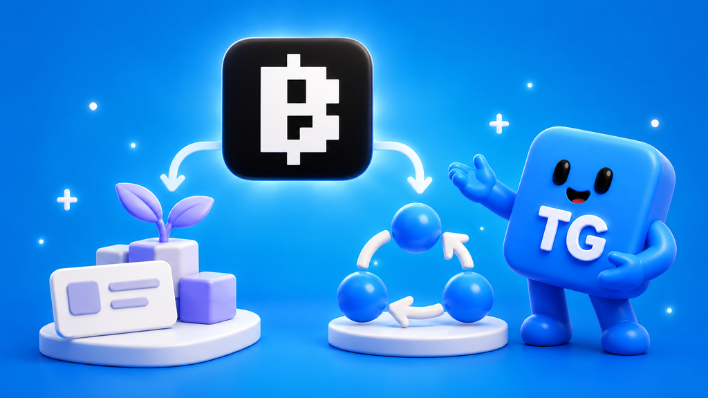 TG.app mascot beside the Blum emblem branching toward project blocks and three connected nodes.