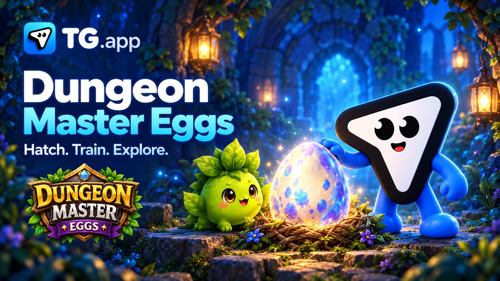TG.app mascot beside a glowing egg and green creature, with Dungeon Master Eggs and TG.app branding.