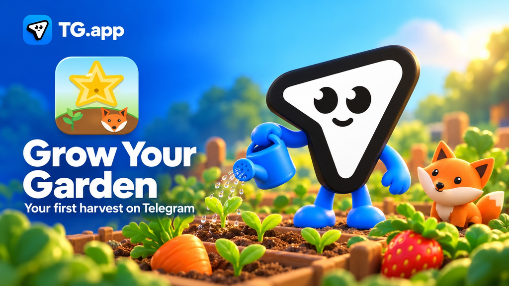 Grow Your Garden on Telegram, with its game icon, a planted garden and the TG.app paper-plane mascot holding a watering can.