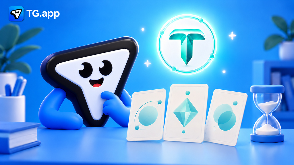 TG.app's white paper-plane mascot with a notched black outline, blue arms, collectible cards, an hourglass and the teal True Network emblem.